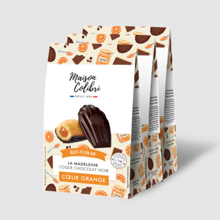 Madeleine nature, coeur orange et coque chocolat noir Madeleine nature, coeur orange et coque chocolat noir
