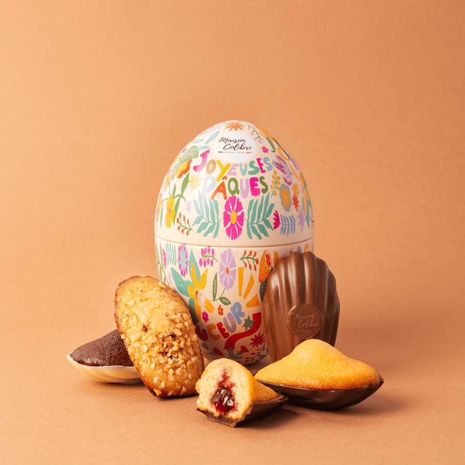 Oeuf de Pâques Jaune - Un oeuf rempli de madeleines coques chocolat