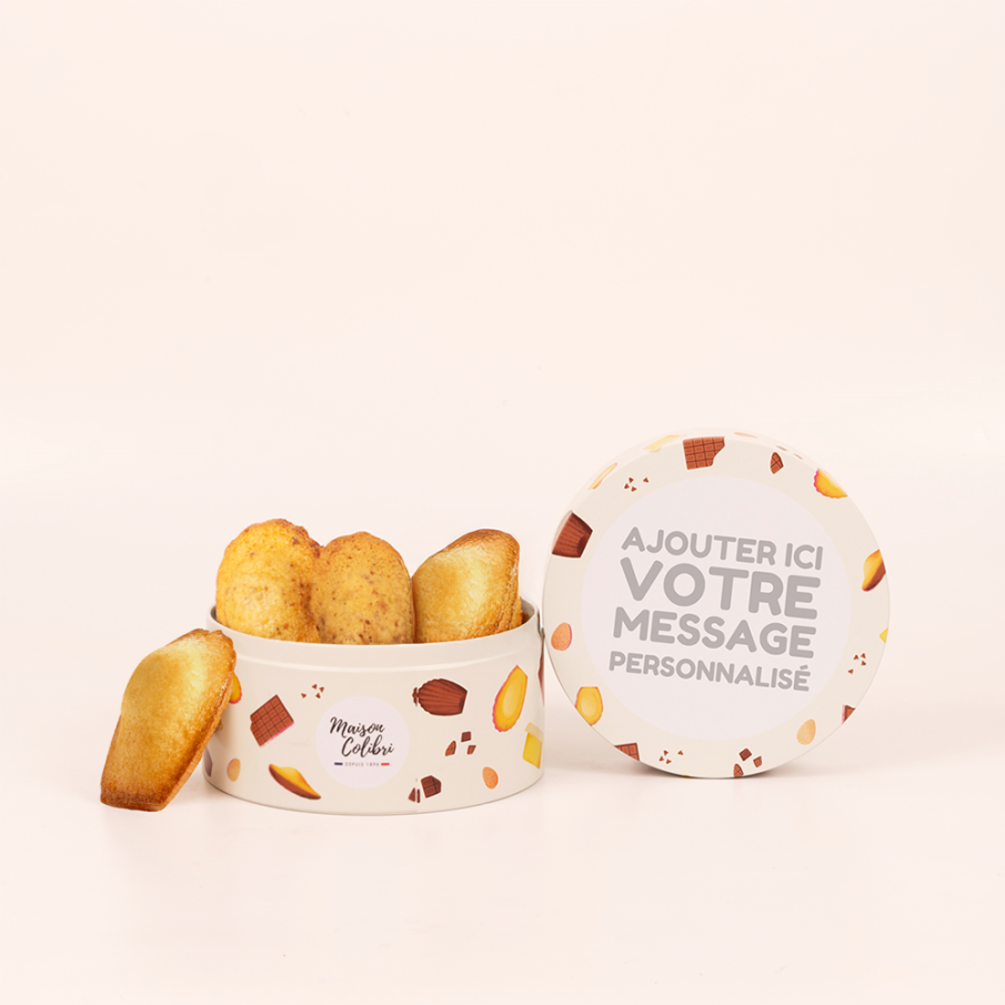 De kleine, gepersonaliseerde, gastronomische doos madeleines met assortiment Creatie | Maison Colibri