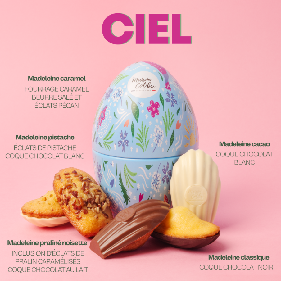 Oeuf de Pâques Ciel - Un oeuf rempli de madeleines coques chocolat