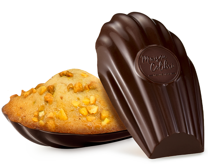 MADELEINE PISTACHE SINAASAPPELSMAAK PURE CHOCOLADE SCHELP EN PISTACHE CHIPS